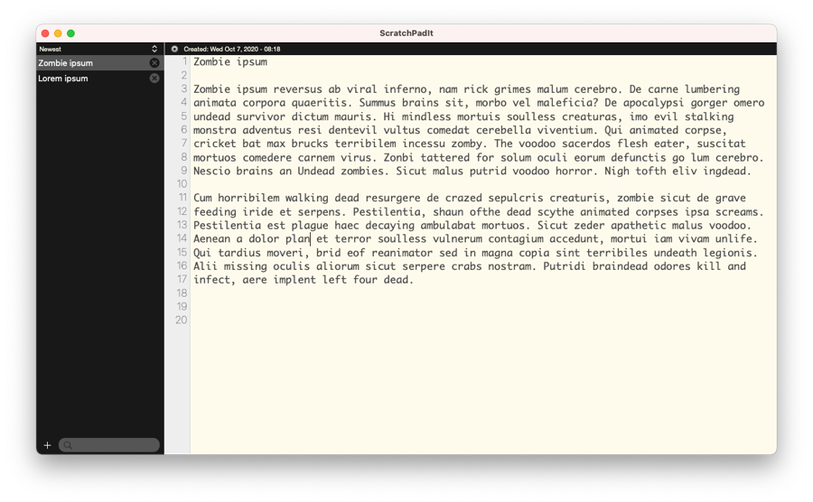 The ScratchPadIt window on macOS, showing the page list in the sidebar and plain text with line numbers in the editor