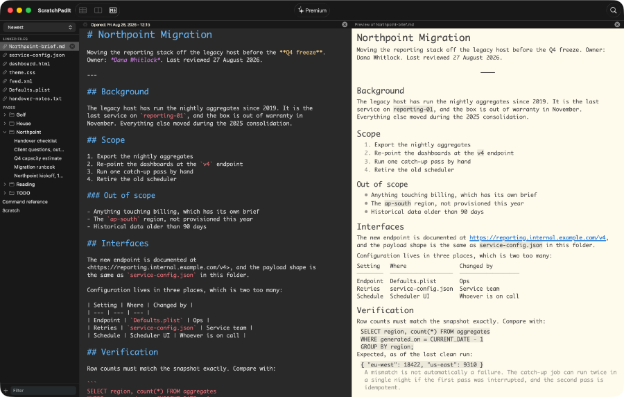 ScratchPadIt showing markdown source on the left and the rendered document on the right